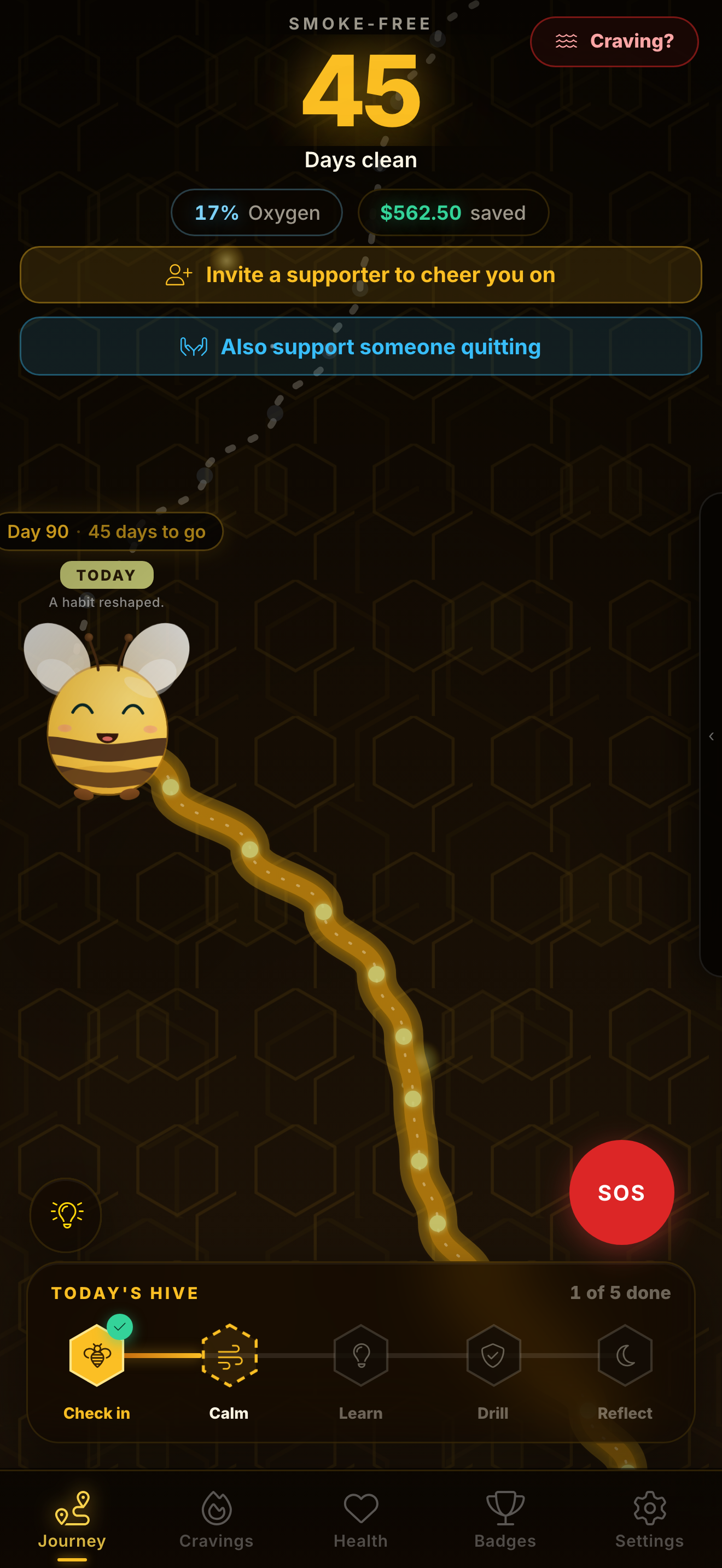 Beeside app showing the quit journey screen