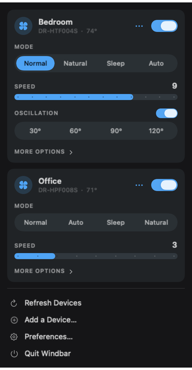 Windbar fan controls in the macOS menu bar